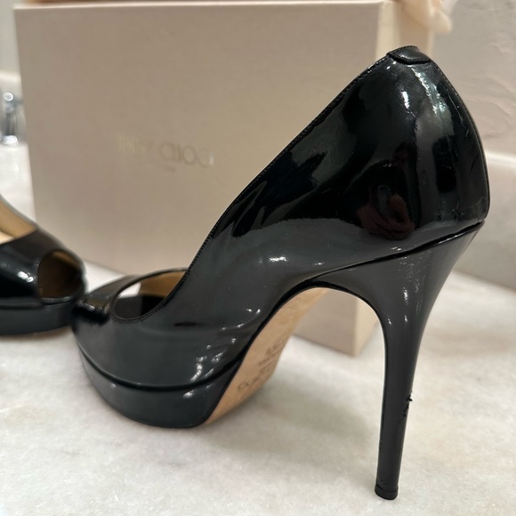 Jimmy Choo Crown Patent Black Leather Peep Toe Heel - Picture 3 of 13